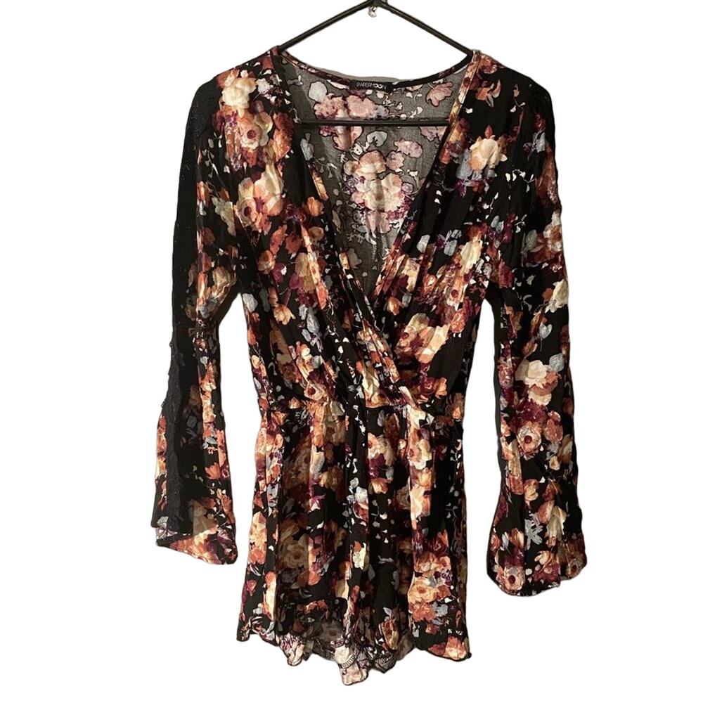 Papermoon Black Multicolor Floral Lace Scalloped Romper Women’s Small